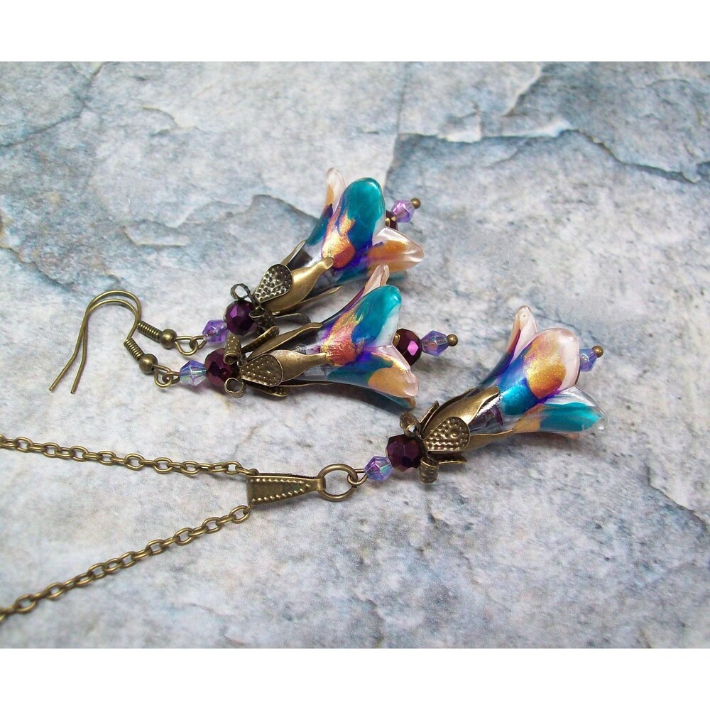 Art Nouveau Jewelry Set, Antique Bronze, Hand Painted Artisan Crafted Floral Jew